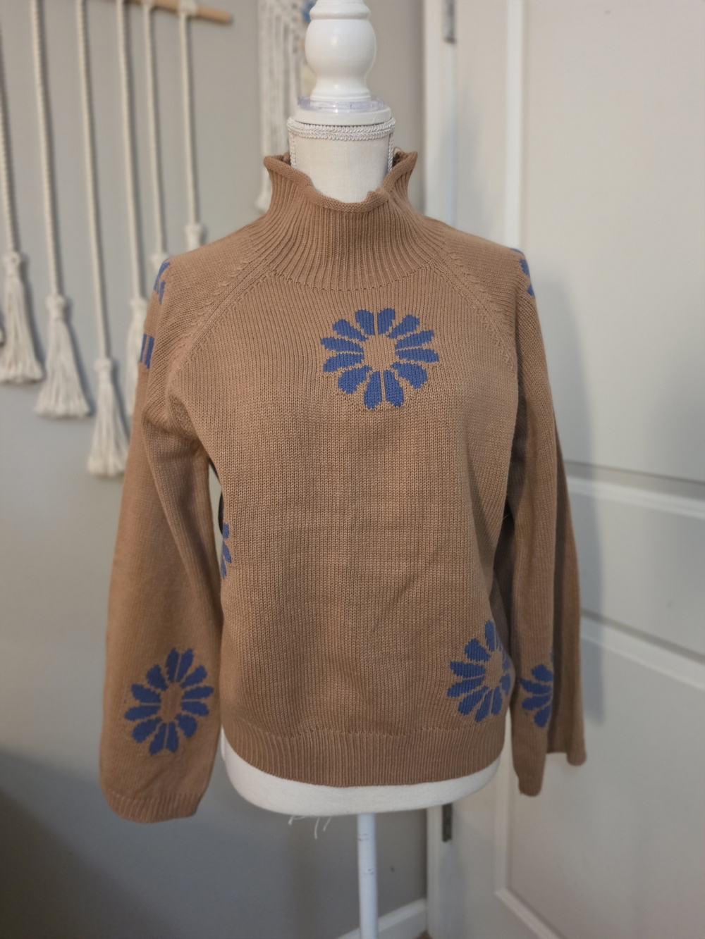 Women's Camel Mock Neck Sweater with Blue Floral Pattern